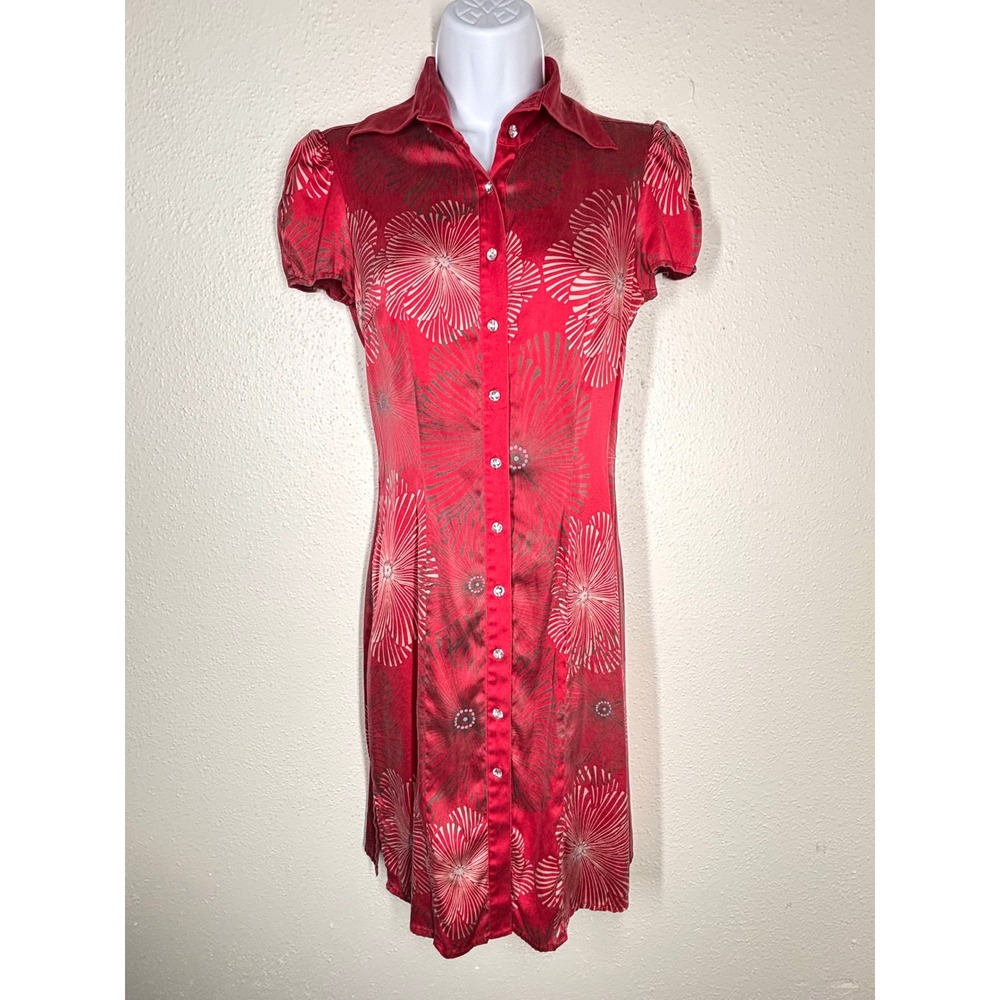 Bebe Red Floral Fireworks 100% Silk Shirt Dress XS‎ Cap Sleeve Button Up  EUC